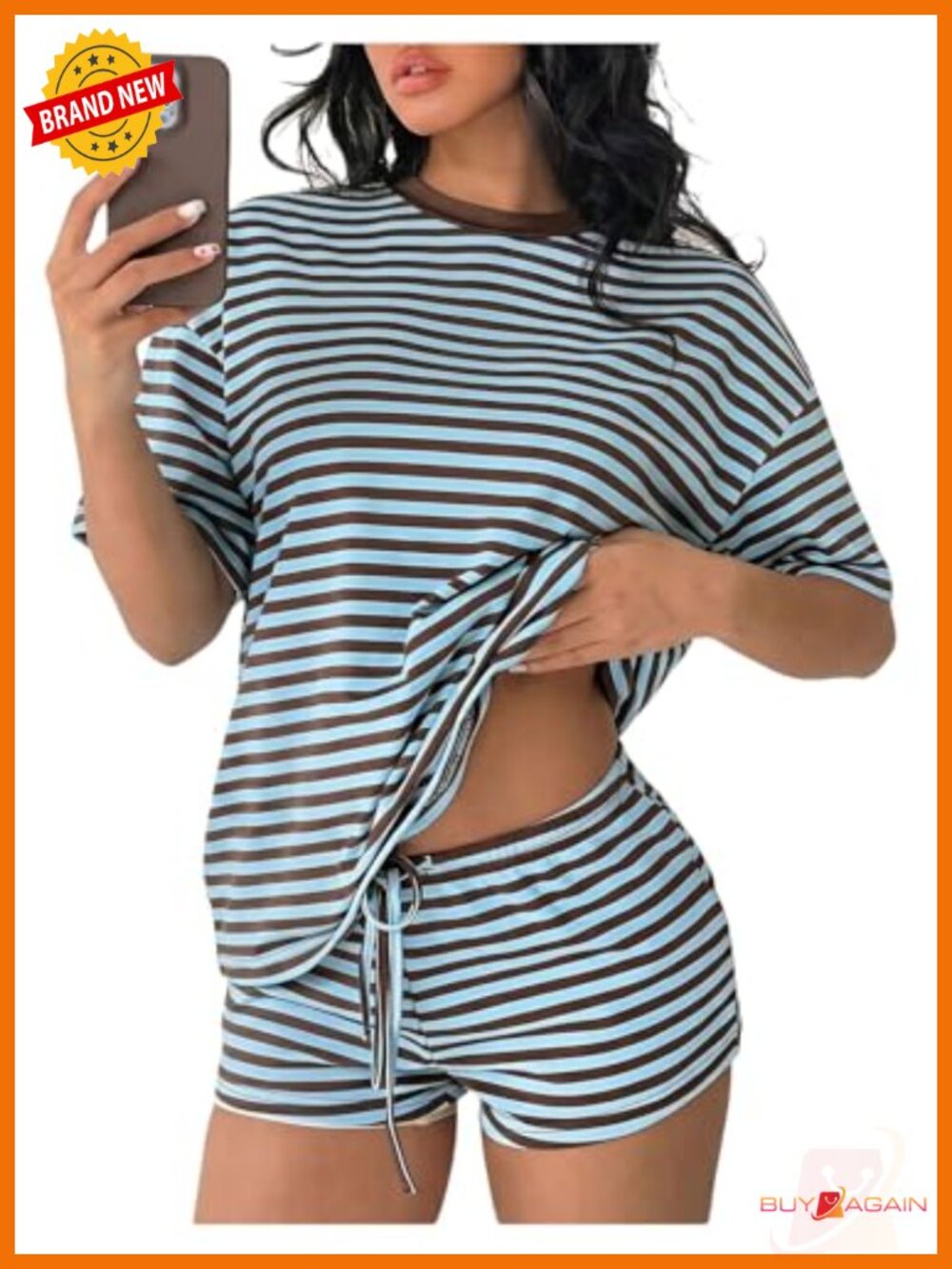 Striped Two-Piece Shorts Set Soft Fabric Short Sleeve Casual